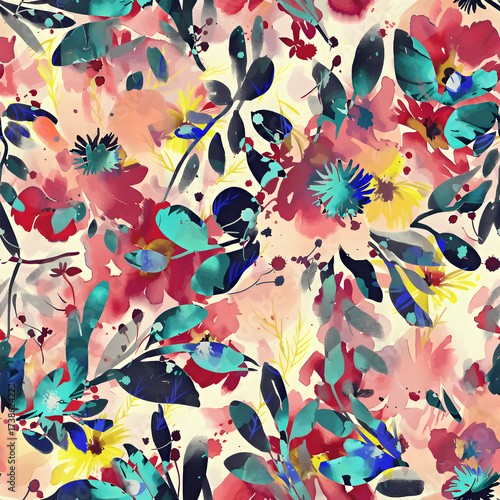 Abstract Seamless Pattern Design, Repeatable Textile Fabric Print, Multicolor Allover Floral Design