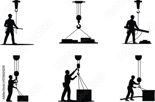 Vászonkép Silhouettes of construction workers attaching loads to crane hooks at building s