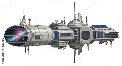 Futuristic spacecraft with galaxy view and detailed design in flat style