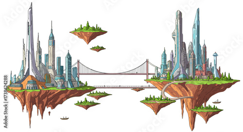 Futuristic floating cityscape with modern architecture and sky islands