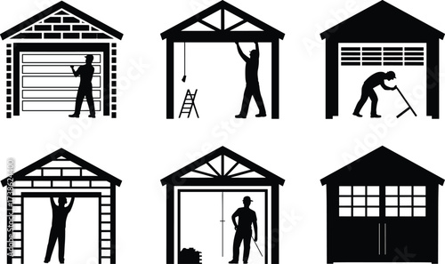 Silhouettes of workers repairing, cleaning, and installing garage doors in houses with ladders, tools, and construction equipment for home improvement service illustration