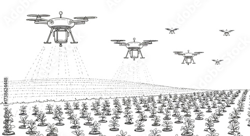 Drones irrigating farmland in linear style