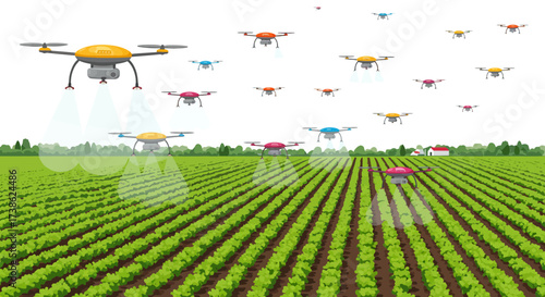 Drones flying over green farm fields for modern agriculture technology
