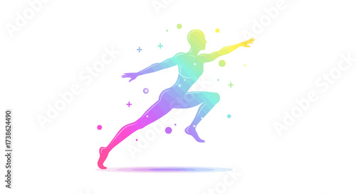 Colorful gradient silhouette of a dynamic running figure with abstract shapes