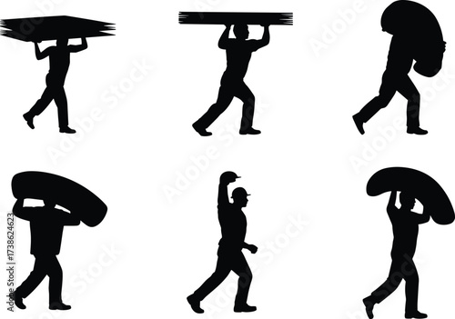 Silhouettes of workers carrying planks, boards, and heavy rolls on shoulders and heads for construction site labor, teamwork, building projects, and construction industry illustration