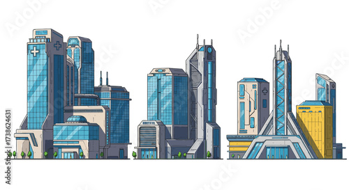 Futuristic urban hospital buildings in a cartoon style