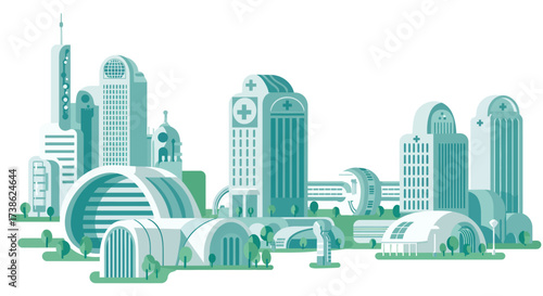 Futuristic medical cityscape with modern hospital buildings in green tones