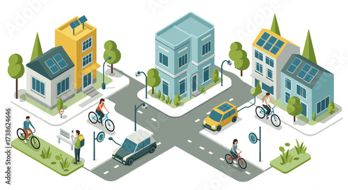 Sustainable urban neighborhood with cyclists and solar-powered homes in isome…