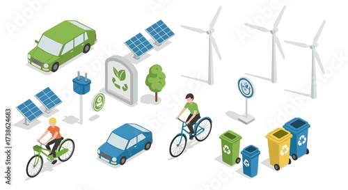 Sustainable energy and eco-friendly transportation in an isometric urban setting