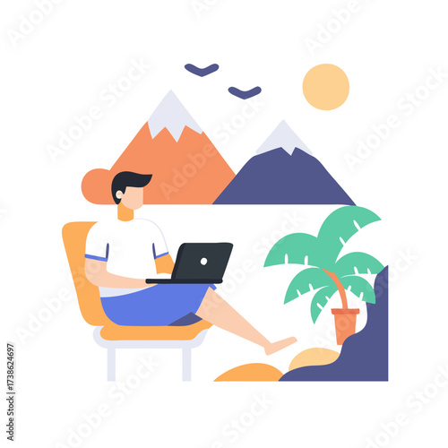 Vector illustration of person working on a laptop on a chair with a tropical beach and mountain backdrop, featuring a palm tree and birds, conveying worklife balance