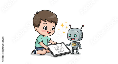 Child drawing robot design with digital tablet and friendly robot companion
