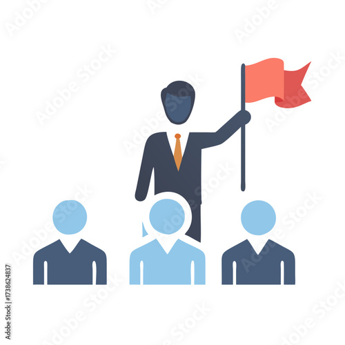 Vector illustration of a leader holding a red flag stands in front of a group of people