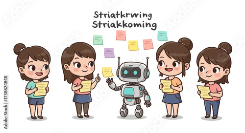 Cute robot helping girls with brainstorming and sticky notes in cartoon style