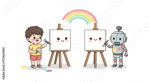 Cute robot and child painting rainbow together on canvases