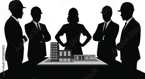 Silhouettes of architects and business professionals in meeting discussing building model, teamwork, urban planning, construction project management, and architectural development collaboration