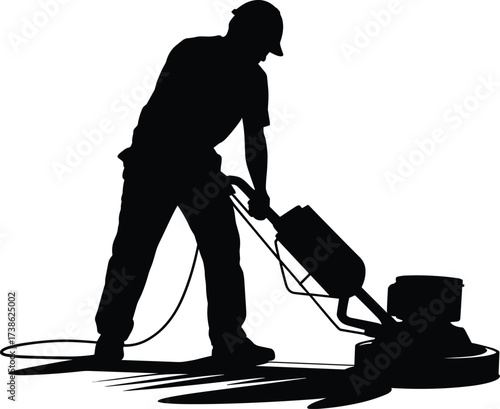 Silhouette of worker using floor polishing machine, industrial cleaning, construction site maintenance, janitorial labor, equipment operation, commercial surface care