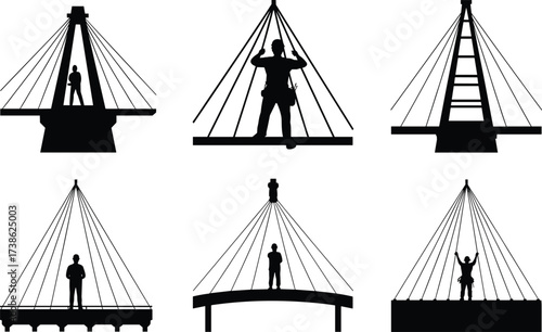 Silhouettes of workers on cable-stayed bridge construction, suspension cable installation, infrastructure development, industrial labor, architectural design, and engineering project illustration