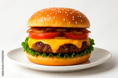 Classic American Cheeseburger with Melted Cheddar on White Background – Professional Food Photography. Generative AI.