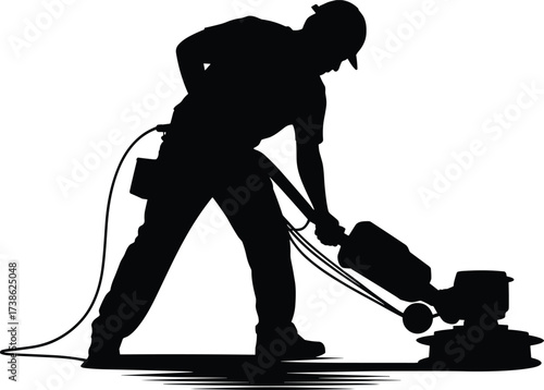Silhouette of worker operating floor buffer machine, industrial cleaning, construction site maintenance, janitorial service, surface polishing, equipment operation