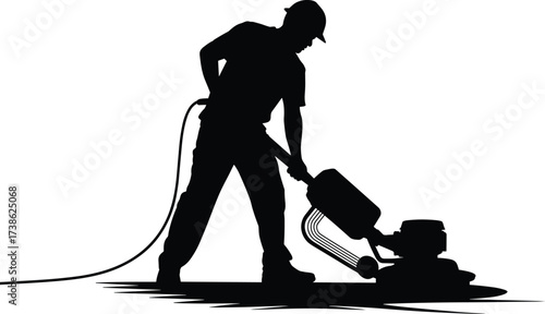 Silhouette of worker using floor polisher machine, industrial cleaning, surface grinding, construction site maintenance, janitorial labor, equipment operation, and commercial floor care illustration