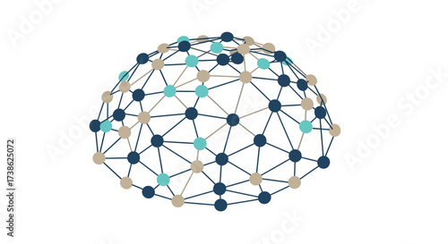 Abstract digital network dome with interconnected nodes on white background