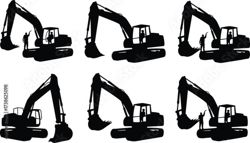 Silhouettes of excavators with construction workers, heavy machinery operation, earthmoving equipment, jobsite coordination, excavation work, building site labor, and industrial construction equipment