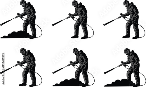 Silhouette of industrial worker using sandblasting machine, protective gear, safety equipment, pressure cleaning, construction site, heavy labor, industry maintenance, dust control