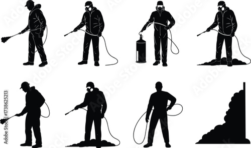 Silhouettes of industrial workers with sandblasting equipment, protective masks, safety gear, construction site maintenance, heavy duty cleaning, industry workforce, spraying machines