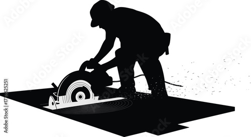 Silhouette of construction worker cutting with circular saw, industrial labor, safety at work, building site, woodworking, carpentry, power tool operation and construction industry