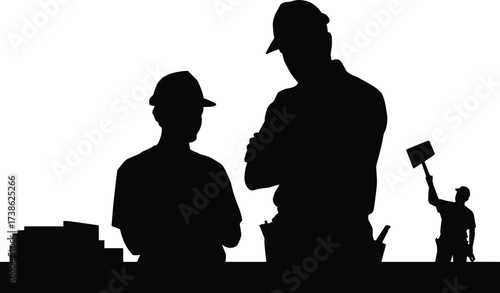 Silhouettes of construction workers with tools, teamwork at job site, supervision, planning and building industry illustration for construction safety, labor workforce, engineering