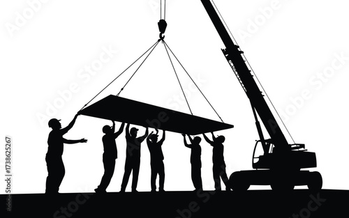 Silhouettes of construction workers lifting panel with crane, teamwork at building site, heavy equipment operation, industrial labor, construction safety, workforce collaboration