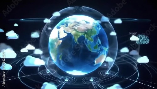  Digital hologram showing rotating Earth globe with advanced cloud computing network connection