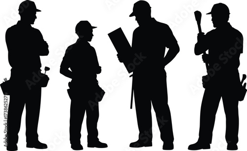 Silhouettes of construction workers with tools, discussing plans, teamwork, project planning, building industry, construction safety, teamwork collaboration, engineering