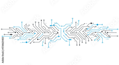 Abstract circuit board pattern with black and blue lines on white background