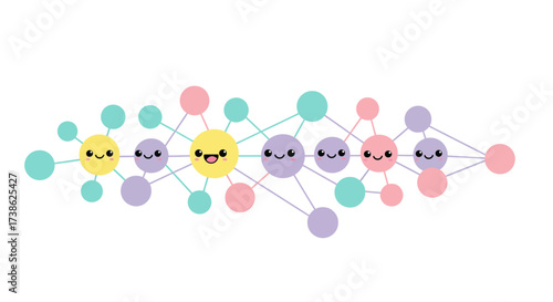 Cute kawaii molecular network with faces in pastel colors