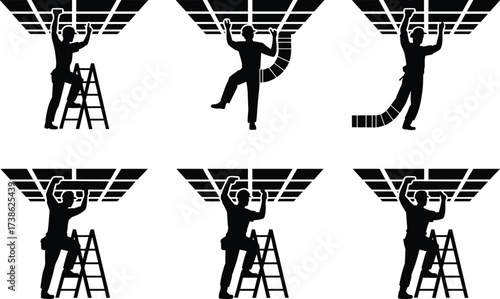 Silhouette of construction workers on ladders fixing and installing ceiling panels and ductwork, HVAC maintenance, repair work, building service, manual labor, construction site illustration