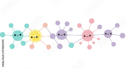 Cute molecular structure with faces in pastel colors