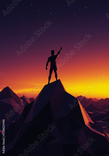 Triumphant Figure: A stylized silhouette atop a mountain at sunset, symbolizing achievement in technology and innovation