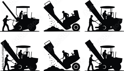Silhouette of construction workers with dump trucks unloading materials, roadwork, heavy machinery, teamwork, site activity, manual labor, building process, construction industry illustration