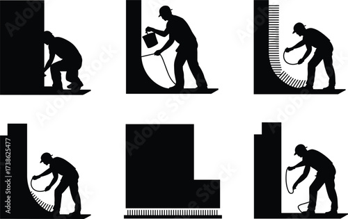 Silhouette of construction workers applying waterproofing insulation material on walls, sealing process, building maintenance, repair work, construction protection, manual labor illustration