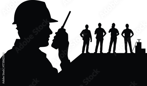Silhouette of construction supervisor using walkie-talkie guiding workers, teamwork communication, site coordination, project leadership, construction management, building supervision