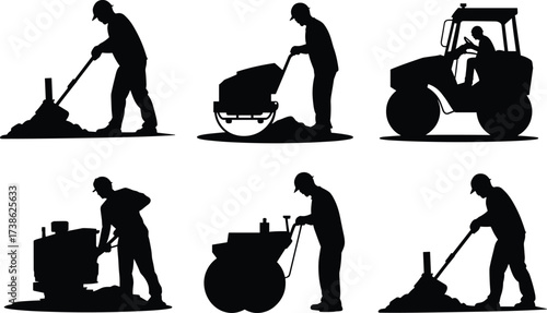Silhouettes of road construction workers with shovels, compactors, and rollers, heavy equipment operation, civil engineering, road repair labor, asphalt work, infrastructure development illustration