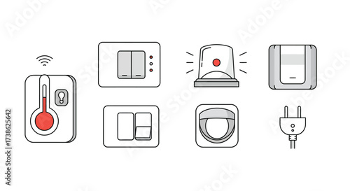 Smart home devices icons in flat style featuring thermostat and security systems