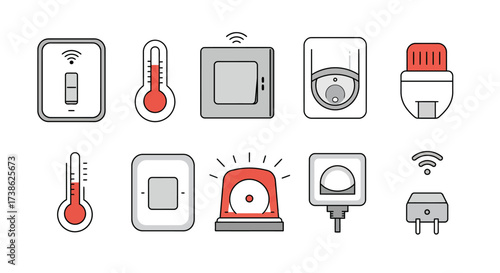 Smart home technology icons set: switches, thermostats, sensors, and alarms