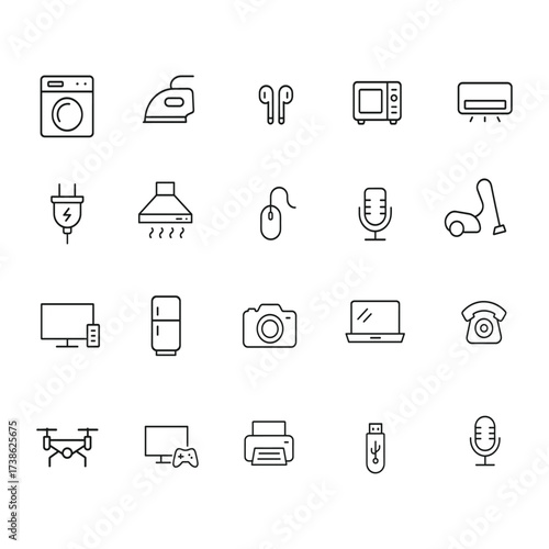 Home Appliances and Electronics Line Icons Set – Minimal Outline Vector of Household Devices and Gadgets