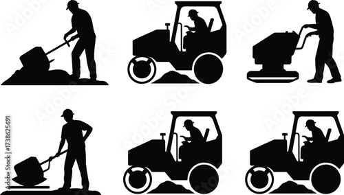 Silhouettes of road workers using shovels, compactors, and rollers, heavy machinery operation, asphalt paving, civil engineering, road construction labor, infrastructure repair