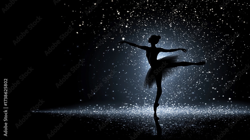 Naklejka premium Graceful ballerina silhouette, elegantly posed, illuminated by glittering stars