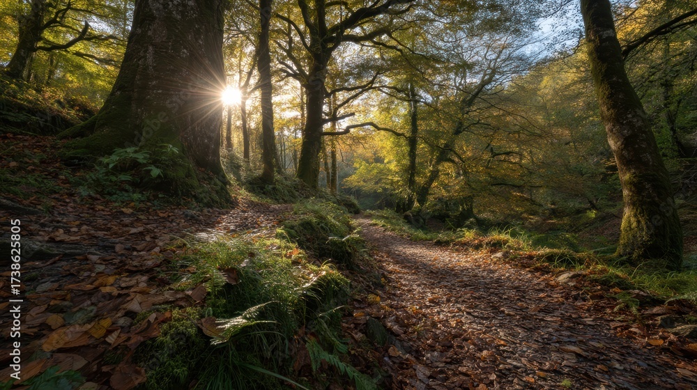 Obraz premium Woodland Footpath Carpeted with Damp Leaves in Autumn Sunlight
