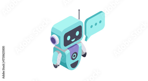 Cute isometric robot with speech bubble - futuristic ai chatbot design