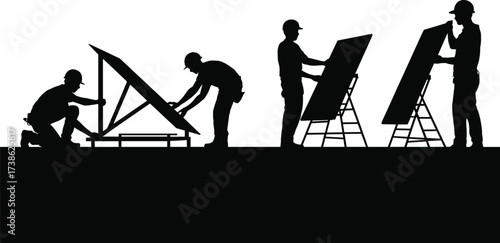 Silhouettes of workers installing and adjusting solar panels on stands, renewable energy, sustainable technology, solar power construction, green energy installation, clean electricity illustration